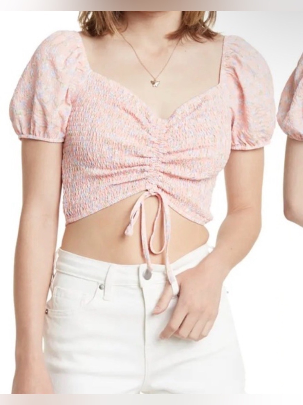 Elodie Soft Pink Multicolor Ruched Puff-Sleeve Crop Top